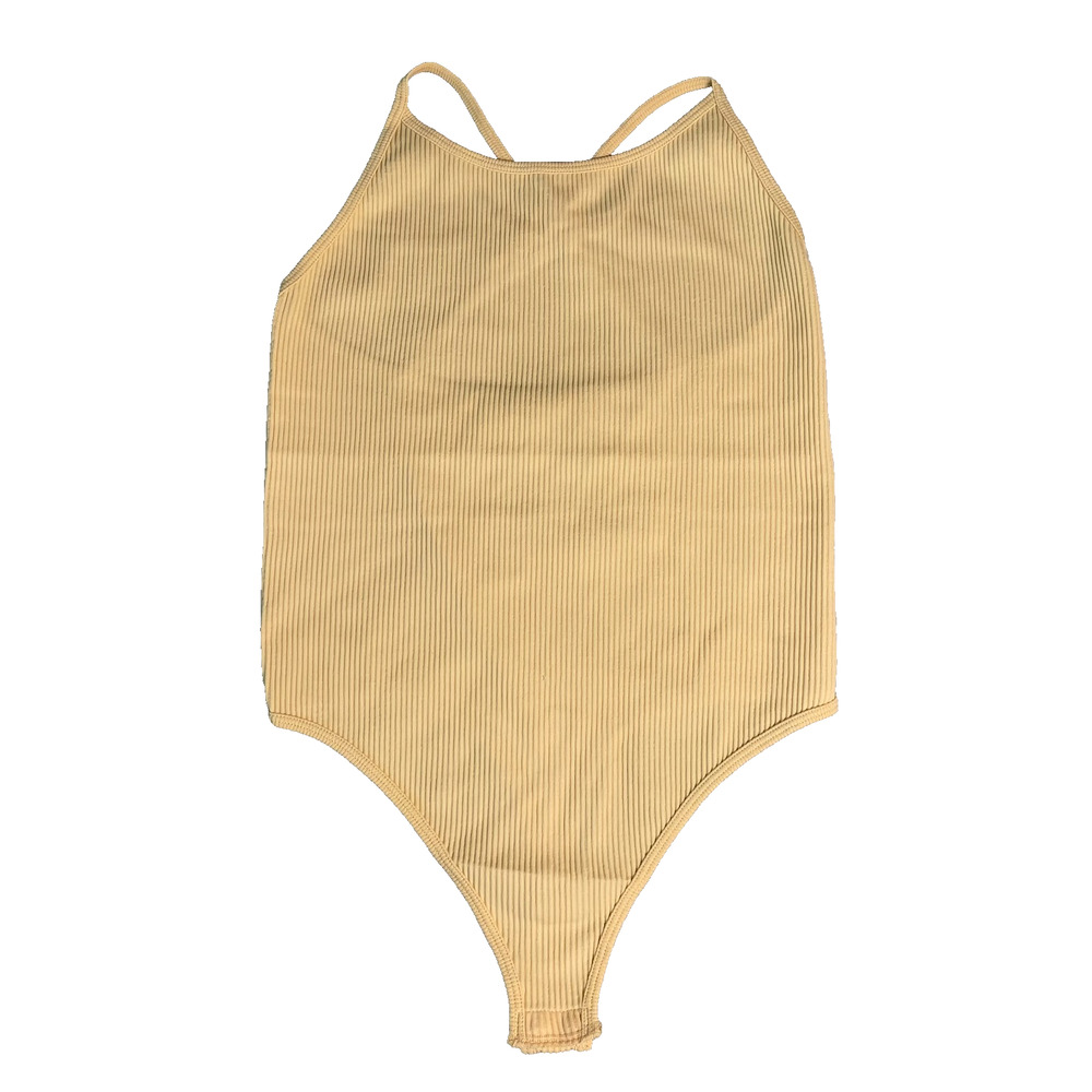 NWOT Mono B Halter Body Suit Womens Large Pale Yellow Ribbed Summer Base Layer